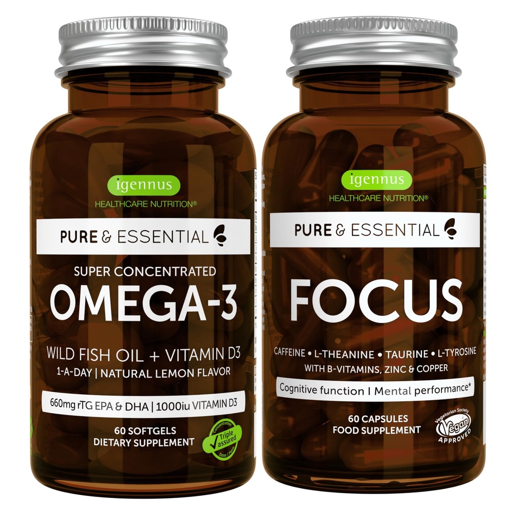 Omega-3 & Vitamin D3 1000iu + Focus Brain Booster Bundle, Fast-Acting 1-a-Day EPA & DHA rTG Wild Fish Oil + Caffeine, L-Theanine, Taurine & L-Tyrosine, B-Vitamins, Zinc & Copper, by Igennus