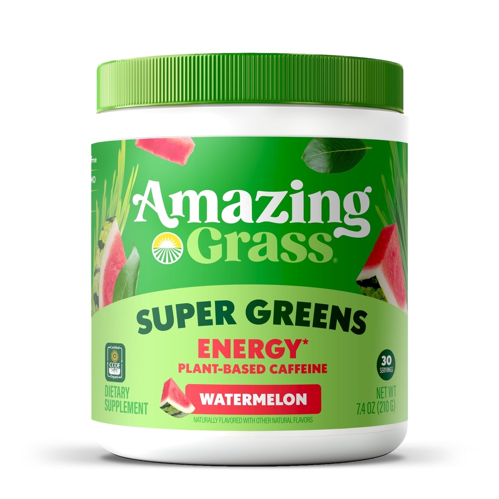 Amazing Grass Super Greens Powder Energy, Organic Greens Blend Smoothie Supplement, Plant Based Caffeine, Yerba Mate, Green Tea Leaf, Beet Root, Watermelon, 30 Servings, 7.4 Ounce (Packaging May Vary)