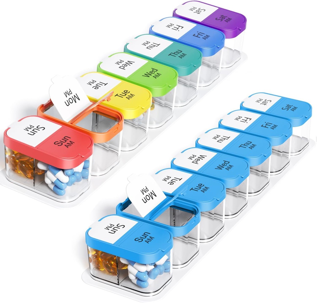 Odaro Extra Large Weekly Pill Organizer, XL Pill Box 7 Day AM PM, Jumbo Medicine Organizer 2 gånger per dag för att hålla daglig medicin, vitaminer och kosttillskott, regnbåge och blå / vit (uppsättning av två)