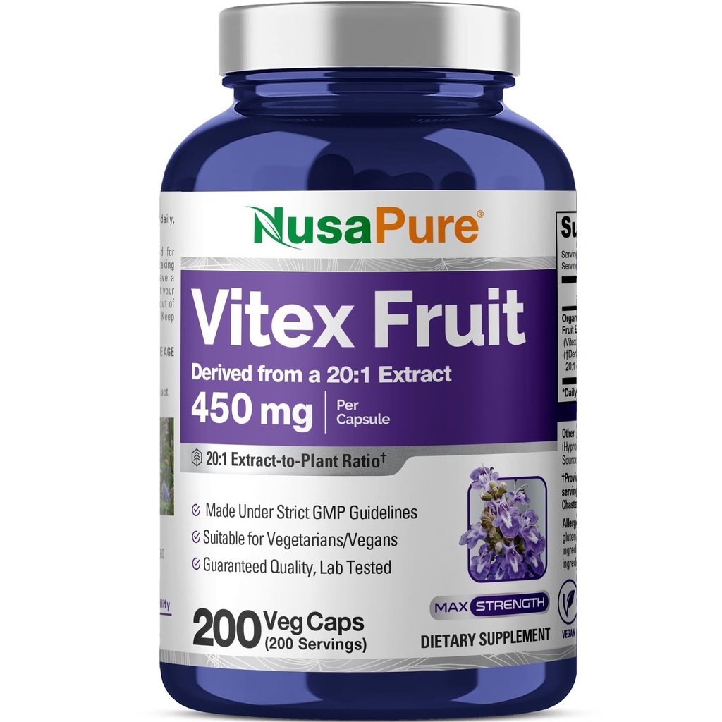 NusaPure Vitex Chasteberry Capsules, 450 mg, 200 Veg Capsules (Non-GMO, Vegan)