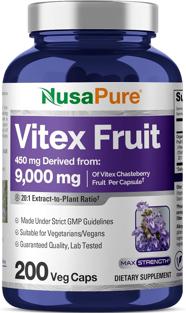 NusaPure Vitex Chasteberry Fruit 20:1 Ekstrakt, 450 mg Tilsvarende 9 000 mg 200 vegansk kapsler - Ikke-GMO, Vegansk kosttilskudd