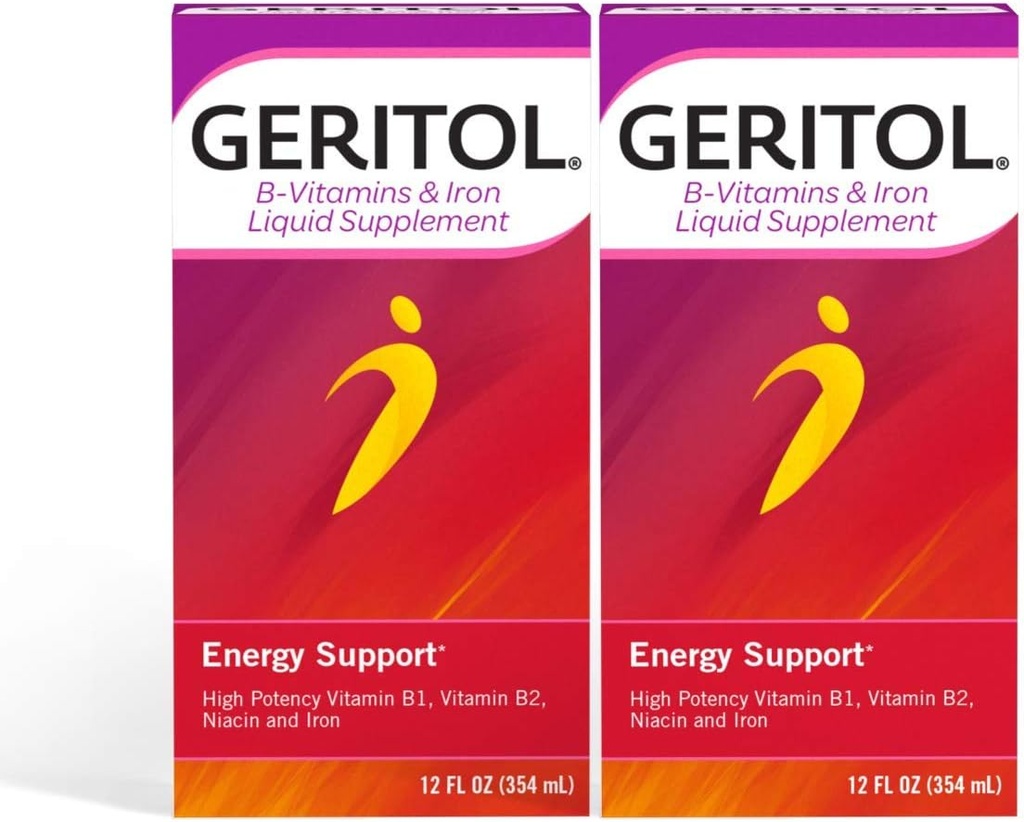 Geritol liquido vitamina e ferro supplemento, supporto energetico, contiene alta potenza B-Vitamins e ferro, piacevole degustazione, facile da ingoiare, nessun dolcificanti artificiali, non OGM, 12 Oz, 2 Confezione