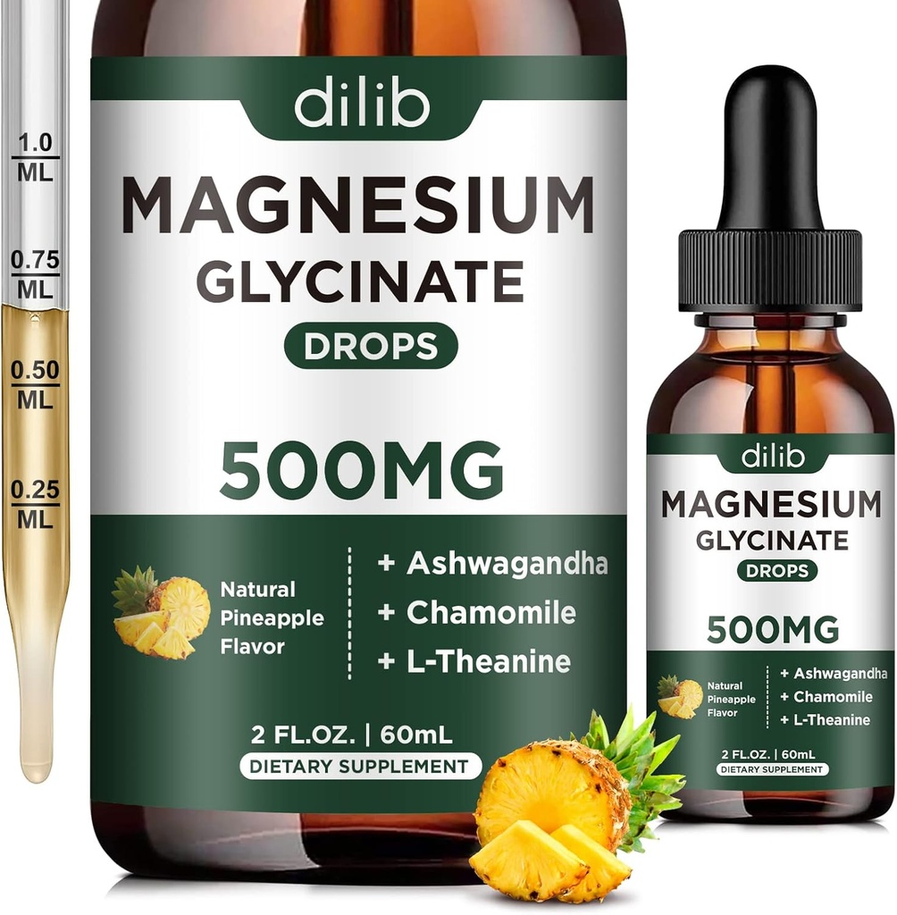 Magnesium Glycinate 500mg - Liquid Magnesium Drops, Ashwagandha, L - Theanine, Chamomile - Calm & Stress Relief, Relaxation, Restful Sleep, Muscle Heart Health, Vegan - 2 Fl Oz (30 dagar)