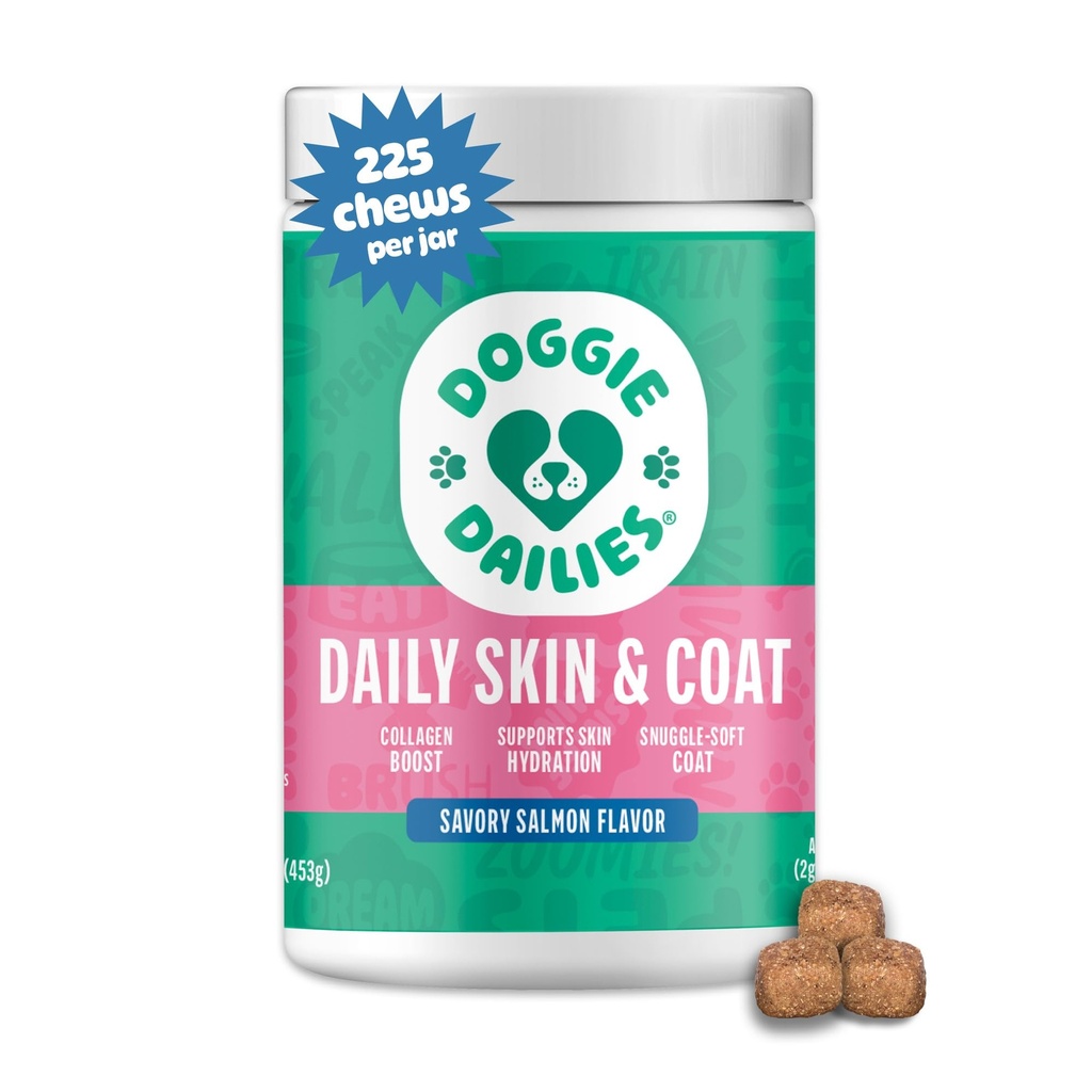 Doggie Dailies Skin & Coat Soft Chews for Dogs, Salmon Oil, 225 Count | Salmon Oil, Collagen, Omega-3, Krill Oil & Biotin, Supports Healthy Skin & Shiny Coat, Dog Soft Chews