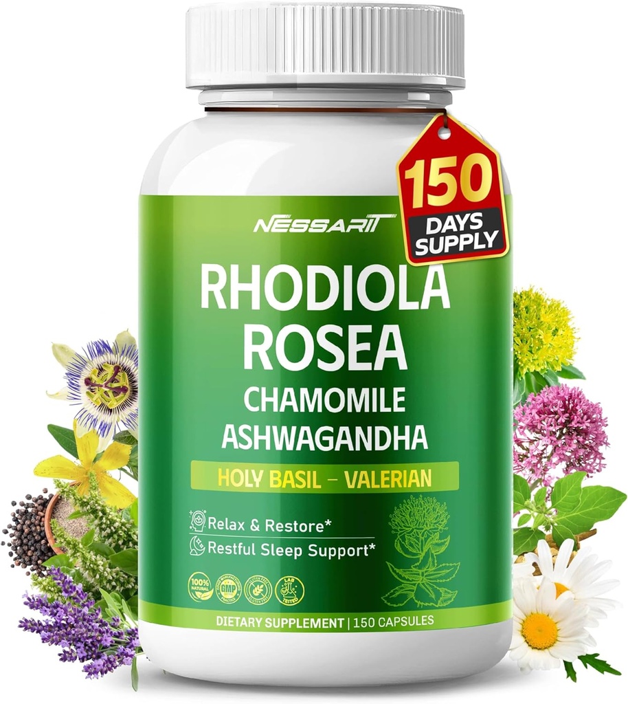 RHODIOLA ROSEA Supplement- 11-in-1 Natuurlijke Blend met kamille L-Theanine Ashwagandha Holy Basil Valeriaan Passiebloem - 150 Tel - Made & Tested in The USA