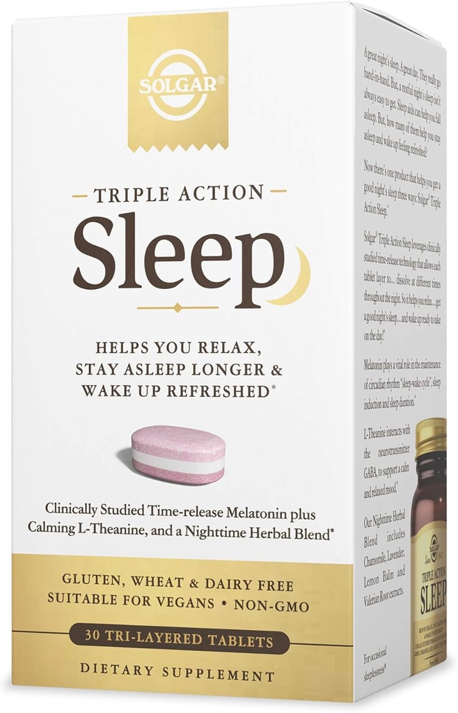 Solgar Triple Action Sleep, 30 Tri- Lapis-Time- Rilis Meltonalin & L- Theanine Plus Herbal Blend - Helping You Relax, Fall Asleep Fast & Stay Alover - Non-GMO, Gluten Free - 30 Servings