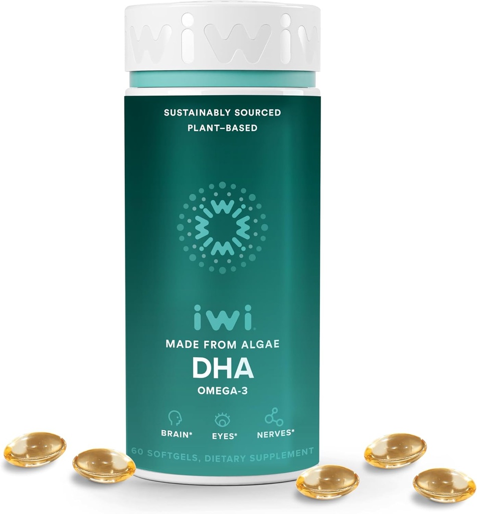 Iwi DHA Omega-3, 60 Softgels (30 Servings), Plant-Based Algae Omega 3, Smegenų, akių ir nervų sistemos paramos mitybos papildas, krilis & Žuvies aliejus Alternatyvus, Nr Fishy Aftersheet