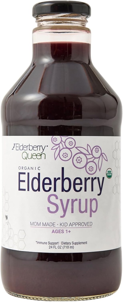Elderberry Queen Organic Elderberry Syrup 24 Fl Oz - Imunitní podpůrná formule se Sambucus Black Elderberry & Aronia Berry - Pure Natural Certified Organic Elderberry Syrup pro děti a dospělé