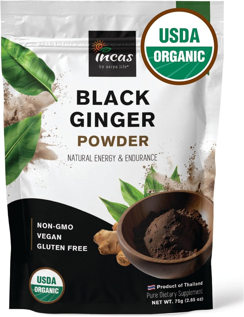 INCAS 100% USDA Organic Thai Black Ingefær Powder til mænd 2,65 Ounce Fra Thailand Ikke GMO Verified Herbal Supplement for Natural Energy & Endurance