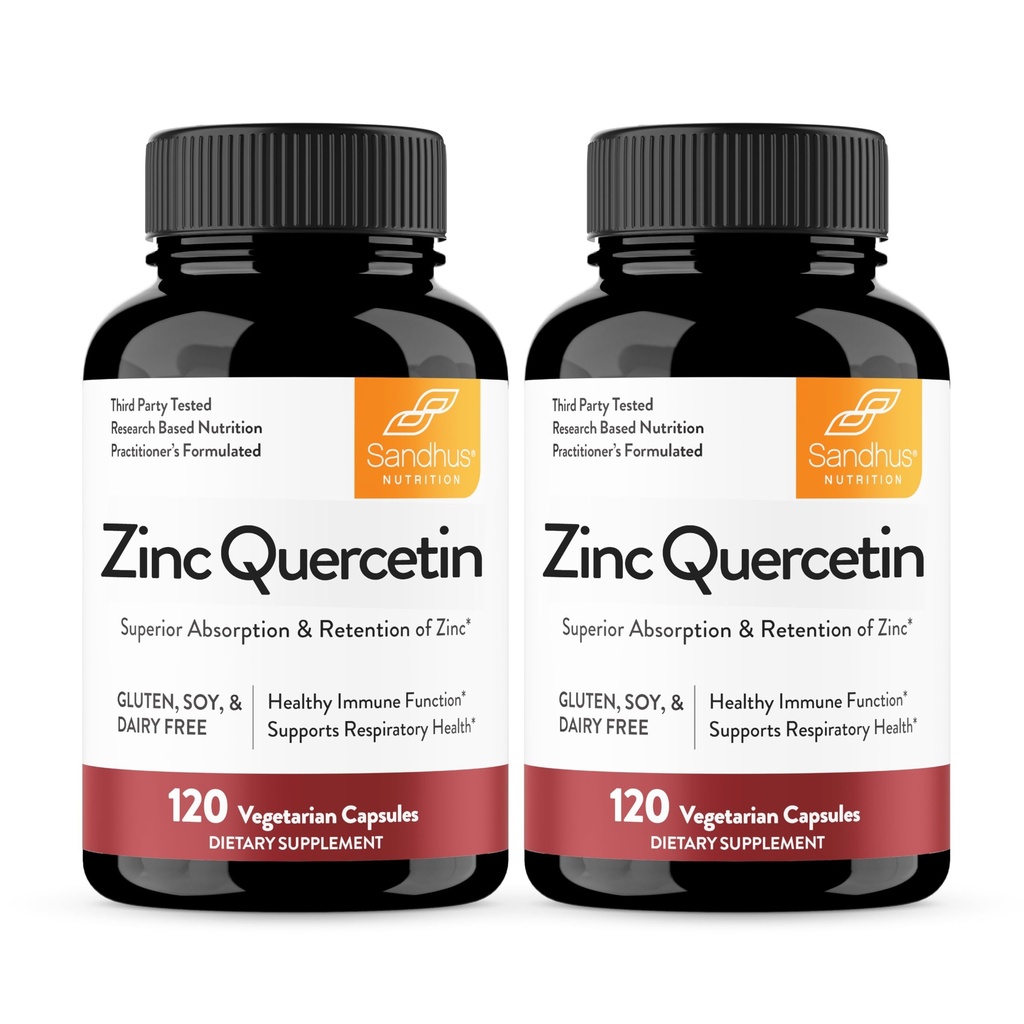 Sandhu's Zinc Quercetin 120 Vegetarian Capsules (Pack of 2) | High Absorption Zink Supplements for Immunity and Seasonal Allergy | Antioxidant Immune Support for Men and Women | Easy to Swallow