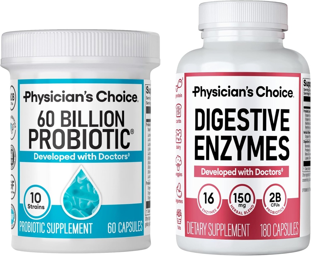 Doktorens CHOICE - Optimal Gut Health Bundle: 60 milliarder Probiotic 60ct + Digestive Enzyme 180ct for Digestive Comfort og Immune Support - Verdi Bundle