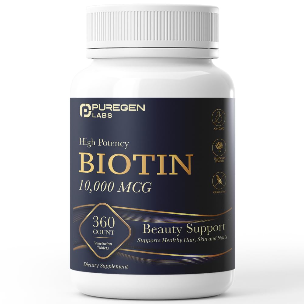 Puregen Labs Biotin 10,000 MCG Supports Healthy Hair, Skin & Nails - High Potency Beauty Support - Non-GMO, Gluten Free | 360 Vegetarian Tablets