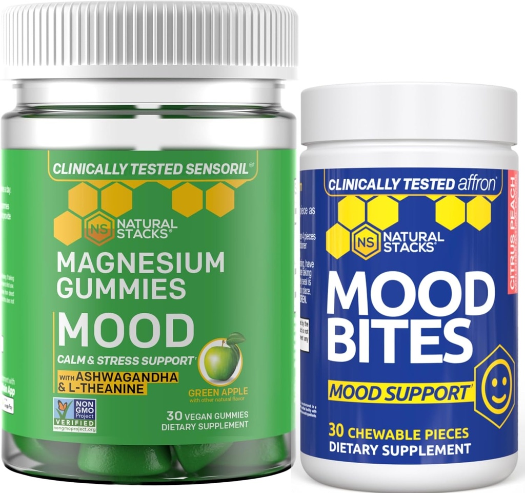 NATURAL STACKS Mood Bites + Mood Magnesium Gummies Bundle - Positivo Mood & Stress Support* - 60 Masticabili