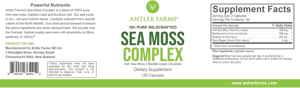 Antler Farms - 100% Pure Sea Moss Complex, 130 Kapsułek, Wildcrafted Irish Sea Moss, Bladderwrack i Burdock Root - a Pottent Blend for Wellness, Vegan- Friendly, Gluten, Soy i Dairy Free