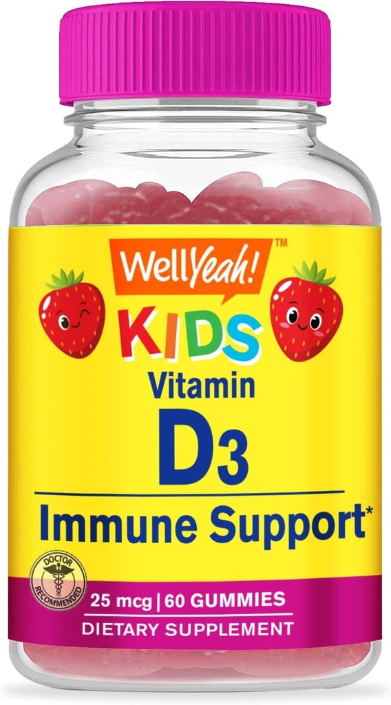 WellYes Kids Vitamin D3 Gummies - 1000 IU (25 mcg)- Supporta la forza e l'immunità di chicco - Non OGM, Gluten-Free - Aroma di fragola - Supplemento nutrizionale - 60 Serve