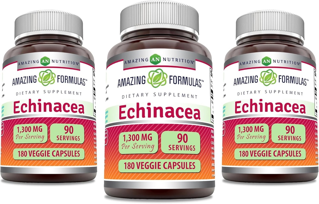 Amazonės formulės Echinacea ® 124; 1300 Mg ® 124; Veggie Capsules Additure ® 124; Non- GMO ® 124; Gluten Free ® 124; Pagaminta JAV (3 Pack ® 124; 180 Count)