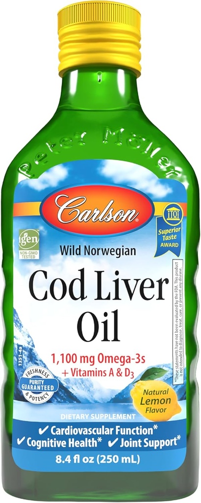 Carlson - Cod Liver Oil, 1100 mq Omega-3s, maye Balıq Yağı, Wild-Caught Norveç Arctic, Sustainably Sourced Nordic Liquid, Limon, 250 ml