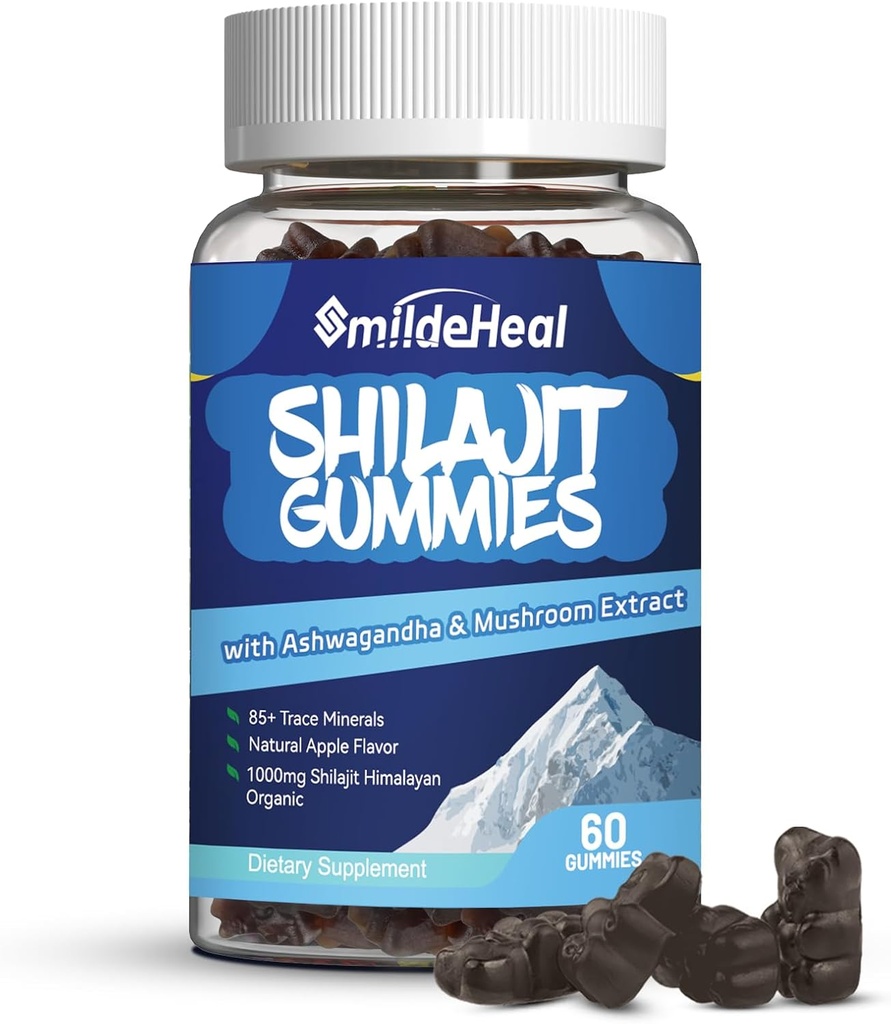 Shilajit Gummies 1000 MG, Supplément chilajit biologique, 85+ Trace Minerals, avec Ashwagandha, Champignon - Énergie, Cerveau, Immunity Support, pour les hommes et les femmes - 60 Comte