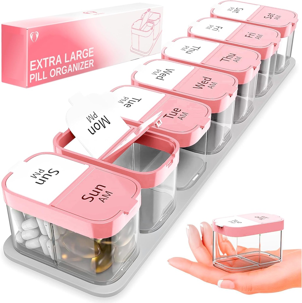 Extra Large Weekly Pill Organizator - XL Deţinătorul vitaminei cu 7 Compartimente AM PM detașabile - Portable Medicine Dispenser pentru Home and Travel, Big Supliment Container pentru Weekly sau Daily Use, Roz