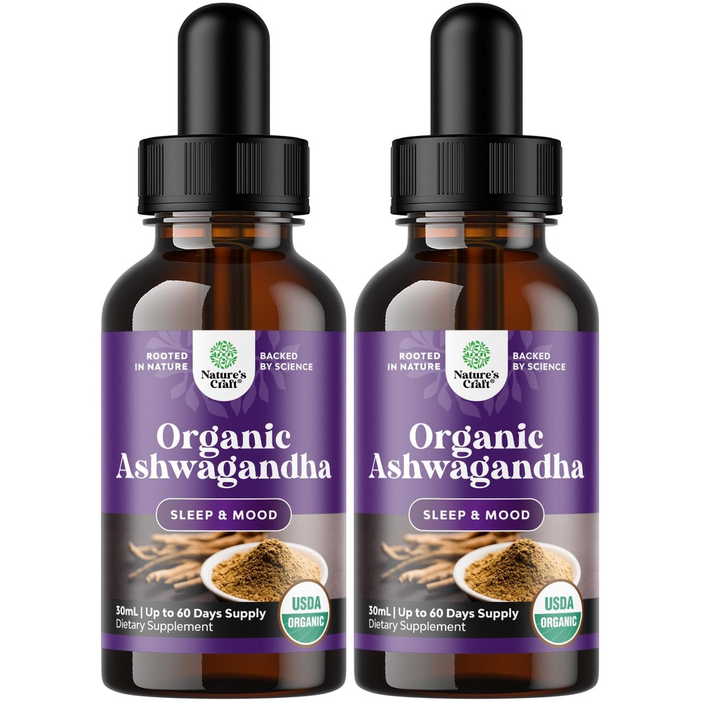 USDA Organic Ashwagandha Liquid Drops - Liquid Ashwagandha Root Extract for Stress and Mood Support - Tasty Adaptogenic Tincture Non GMO Vegan Gluten Alcohol and Sugar Free 1 Fl Oz (Pack of 2)