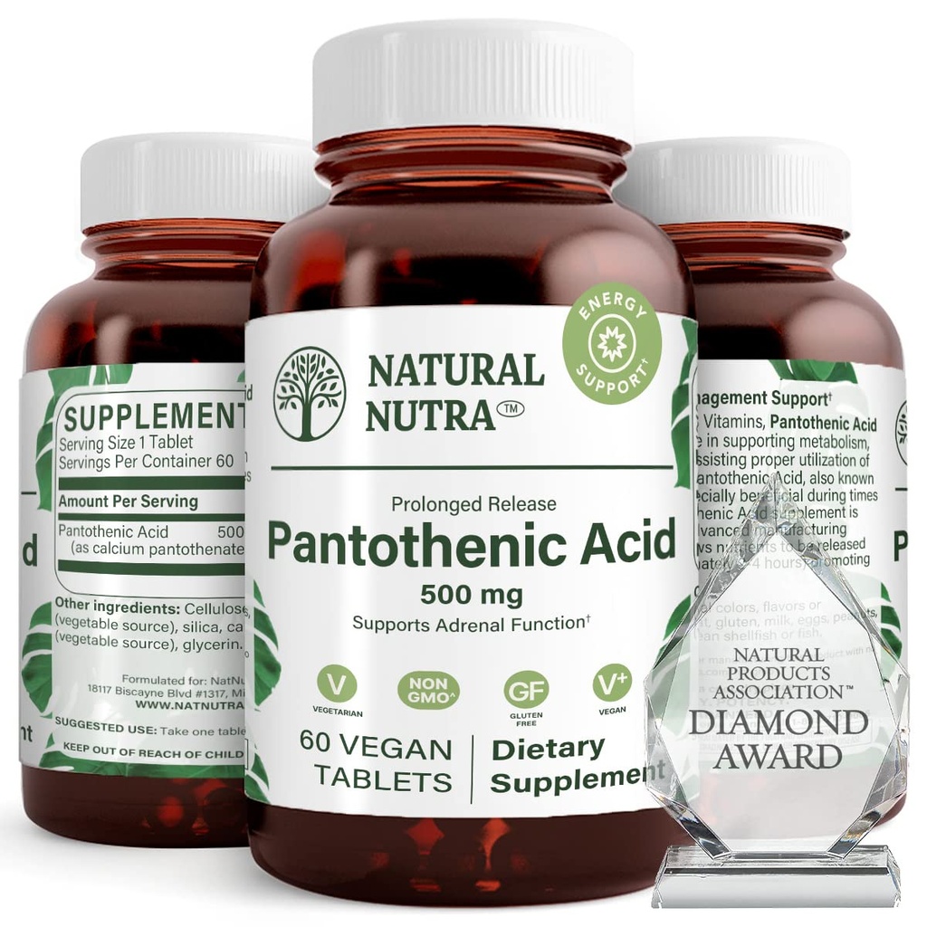 Natural Nutra Time Release Pantothenic Acid 500 mg, Vitamin B5 Supplement Helps Break Down Fat and Carbohydrates, Metabolism and Energy, Improve Muscle Health, Reduce Skin Spots, 60 Vegetarian Tablets