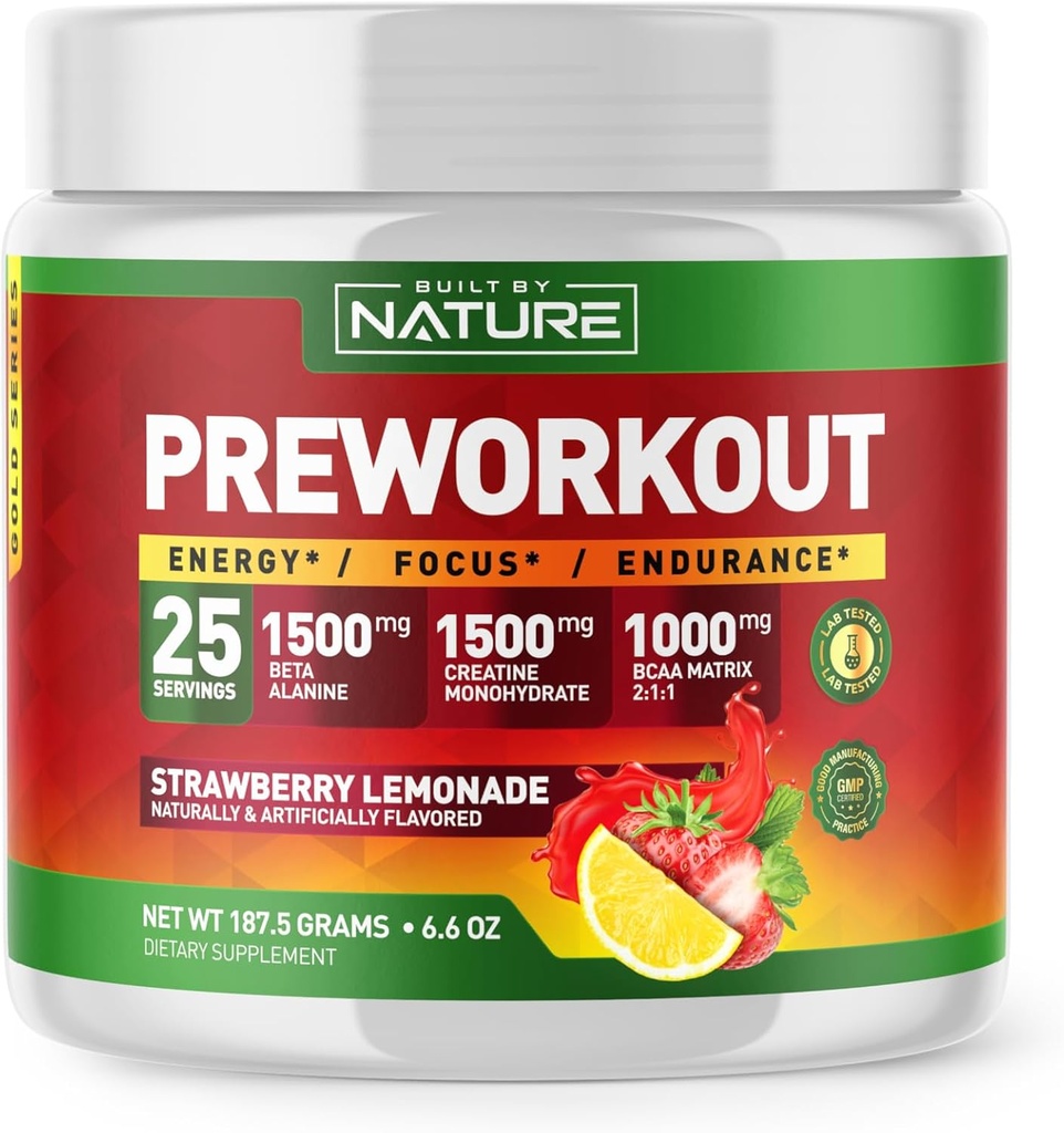 Built by Nature Pré Treino Pó com Beta Alanine, Creatina Monohidrato, BCAA, L Citrulina, L Arginina e Cafeína - Morango Limonada Sabor - 25 Servões
