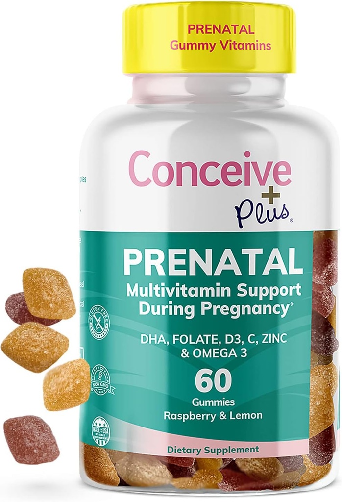 CONCEIVE PLUS Prenatal Gummies - DHA, Folic Acid, Vitamin D3, C, Zinc, and Omega 3, Natural Lemon + Raspberry Flavor, 60 Count, 30 Day Supply