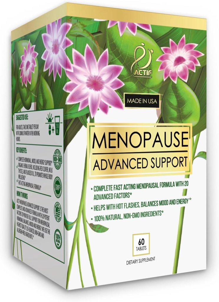 Actif Menopauza Advanced Support with 20 + Organic Vitamins and Herbs - Relieves Hot Flash, Night Sweats - Non GMO, Fast Action, Made in USA, 60 Count