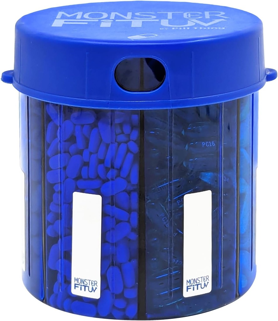 XL Supplement Pill Dispenser Bottle, 7 Compartment, Labels, Easy Open, Anti-Mixing, UV Protected Organizer, Extra Large Monthly Vitamin, Monster Fit Medication Holder (Cobalt Blue, Large)