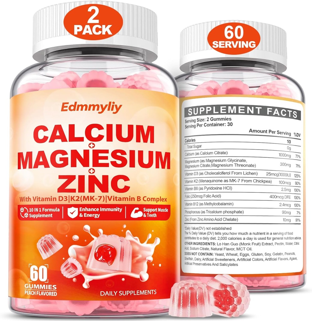 Supplément de zinc de magnésium de calcium Gommies avec complexe de vitamine D3 K2 & B pour les femmes Hommes 1000mg Citrate de calcium avec Gommies de magnésium pour os, Muscles & Immune Support, sans sucre, végétalien