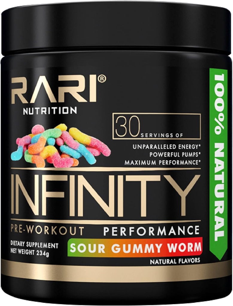 INFINITY - 100% Természetes előedzés Powder for Energy, Fókusz, és Teljesítmény - Férfiak és nők - Vegán és Keto Friendly - No Creatine - 30 szerváció (Sour Gumi Worm)