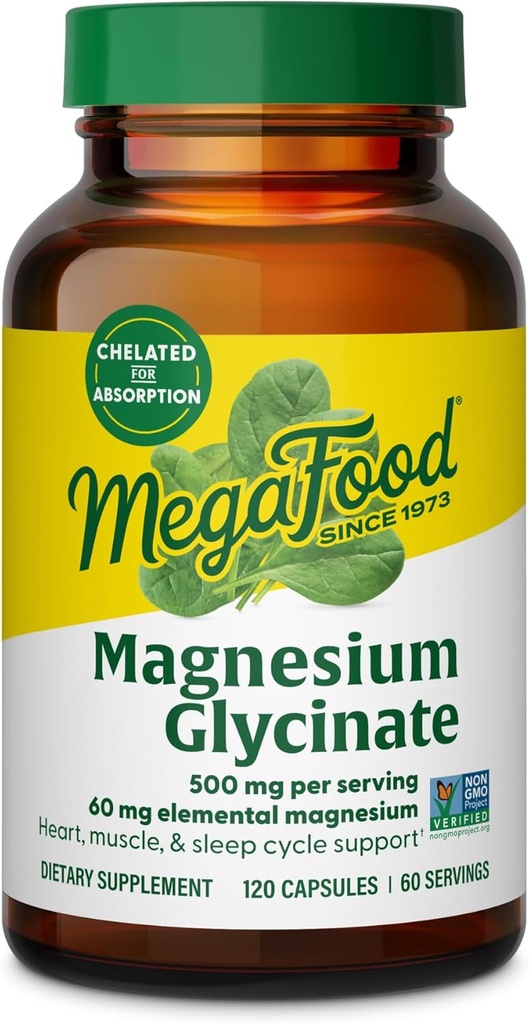 MegaFood Magnesium Glycinate 500 mg - Chelated Magnesium Supplement - 60mg Elemental Magnesium - Gentle on the Stomach - Podporuje normální spánkový cyklus a zdravou stresovou odezvu - 120 Kapsle 60 Servings
