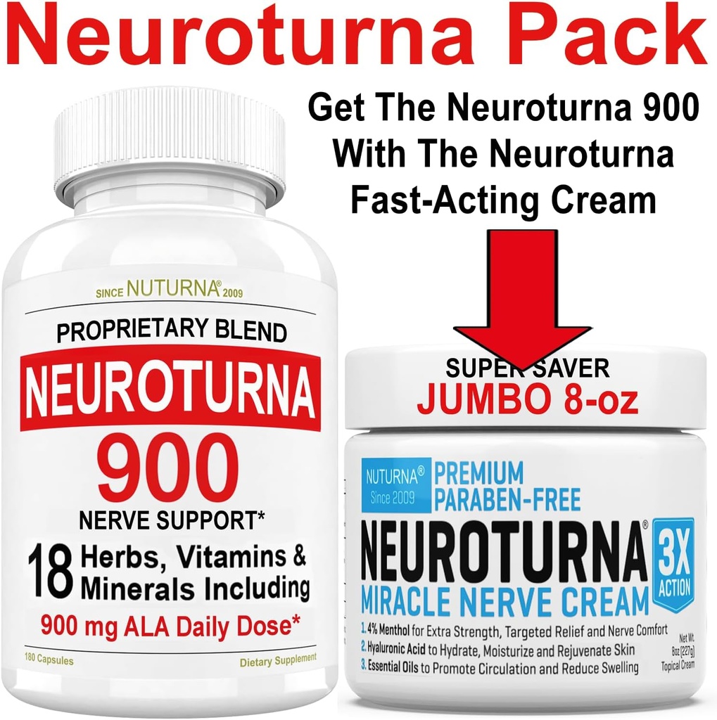 Nerve Relief Cream 8 oz Plus Neuroturna Nerve Support 900 mg ALA Поддръжка
