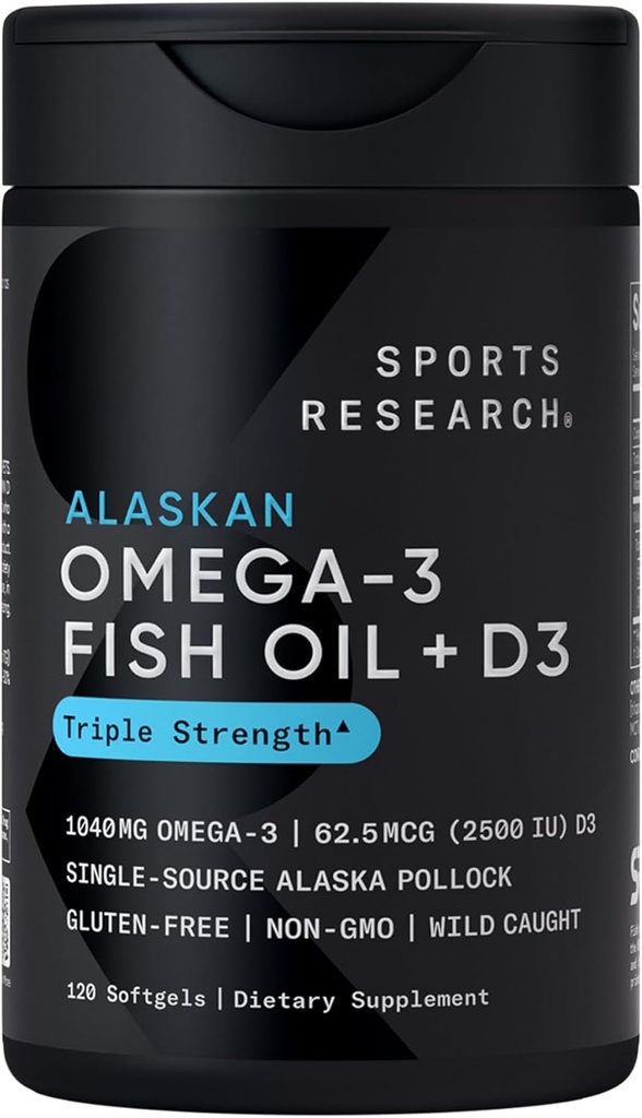 Sports Research® Alaskan Omega-3 Fish Oil 1040mg + D3-vitamiini 2500iu - tukee aivojen ja sydämen terveyttä - MSC Certified Sustainable · Wild-Caught · Ei-GMO · Triglyseride Form - 120 Count Softgels
