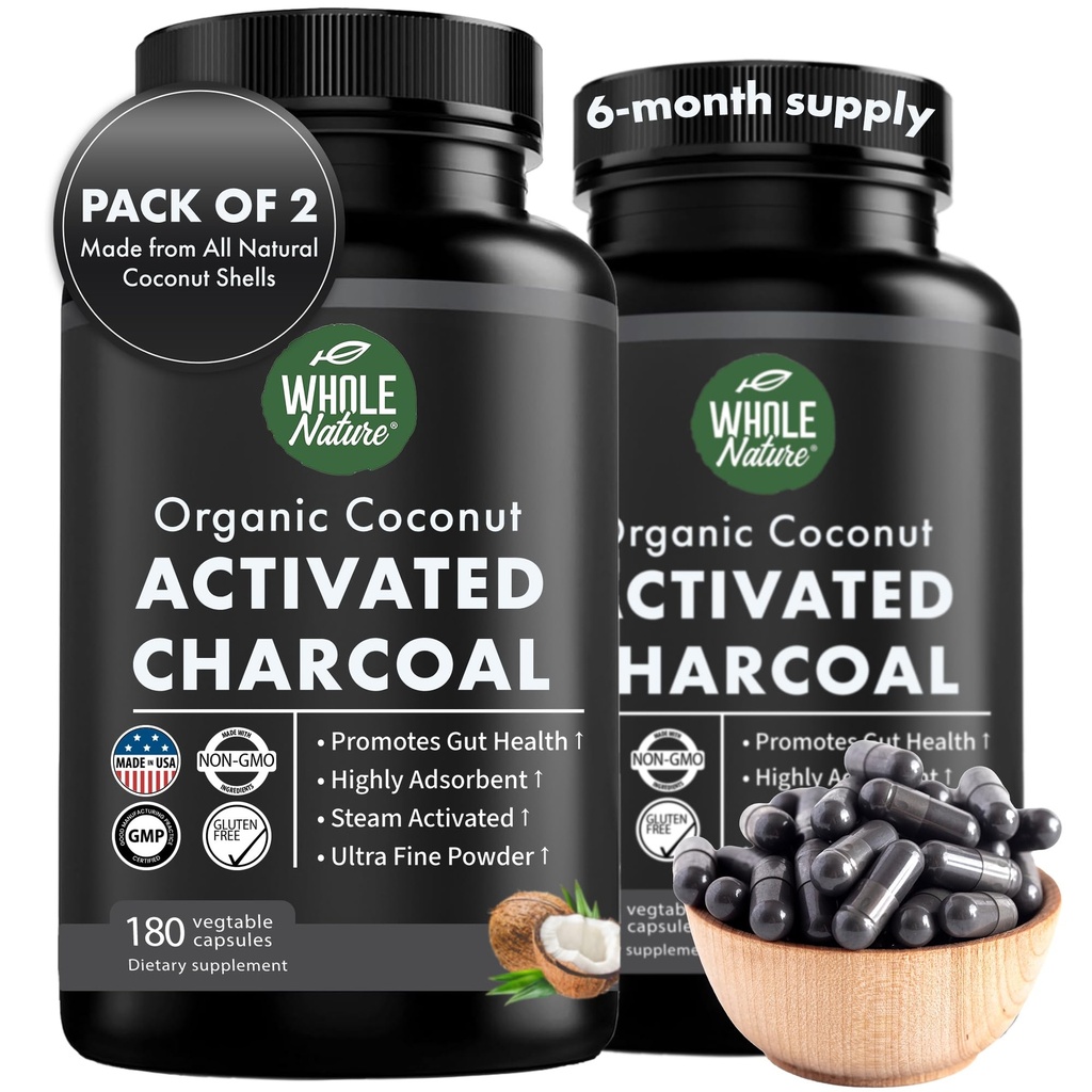 Coconut Activated Charcoal Capsules, 180 Charcoal Capsules, Teeth Whitening, Helps Constipation, Bloating, Stomach Gas, Heartburn, Pure Coconut Derived Supplement (2)