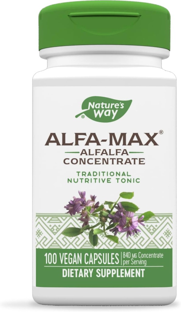 Naturaren Alfa-Max - Alfalfa osagarria - Alfalfa Leaf, Stem & Flower - Gluten Free & Vegan - 100 kapsulak