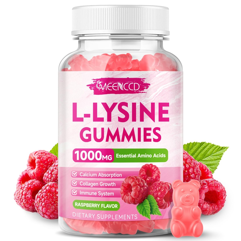 MEENCCD L-Lysine 1000mg Gummies, Lysine Supplement for Adults & Kids, Essential Amino Acid Supplement Supports Collagen Formation, Sugar-Free, Raspberry Flavor, 60 Count