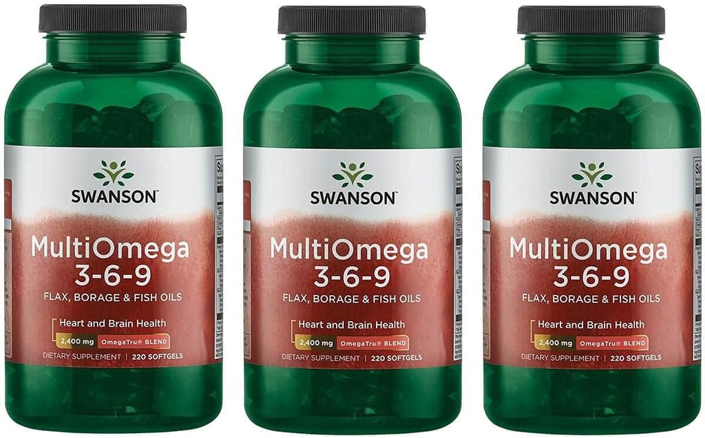 Swanson MultiOmega 3-6-9 - Ikke-GMO Flax olje, boreolje, '&' fiskeoljekapsler - essensielle fettsyrer som støtter kardiovaskulær helse '&' hjerne helse - (220 Softgels, 2400mg servering) 3 flasker