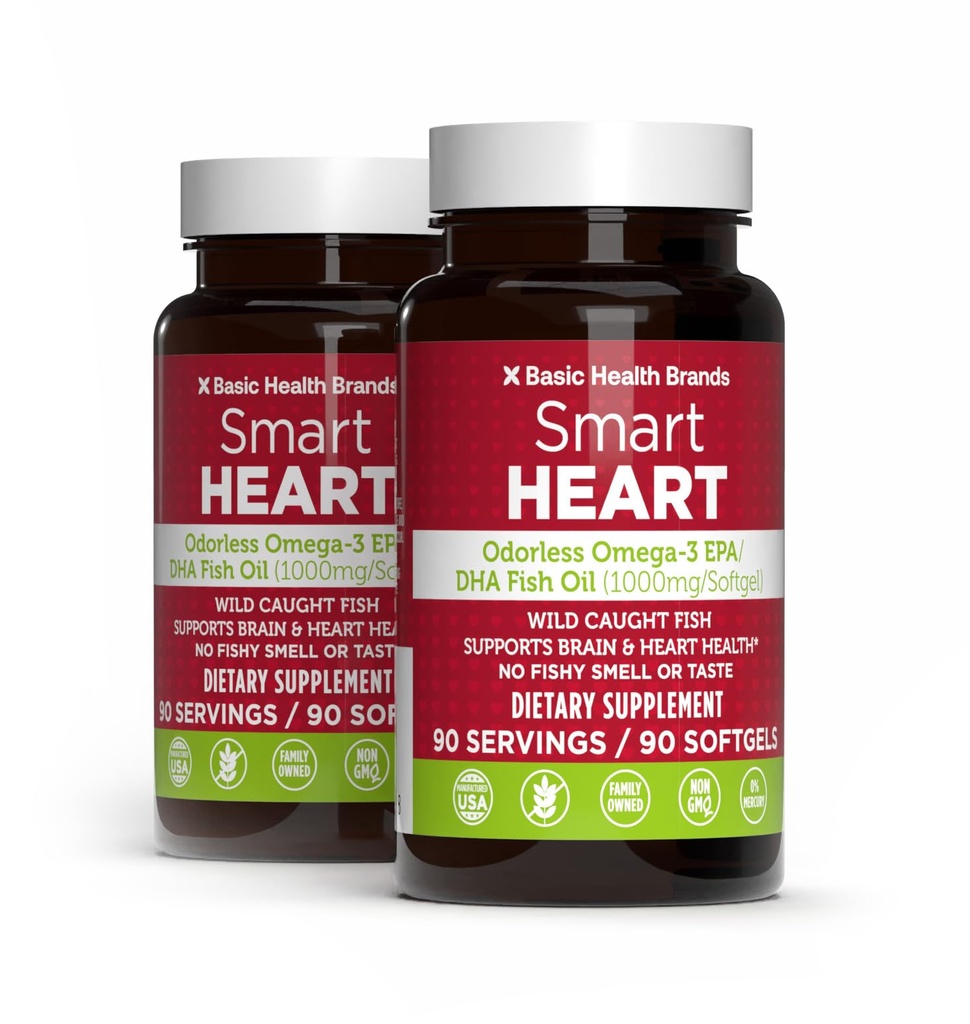 Basic Brands Smart Heart Odorless Omega-3 Fish Oil 1000mg - Triple Strength EPA & DHA, Non-GMO, Heart & Cognitive Support - 90 Burpless Softgels - 2-Pack