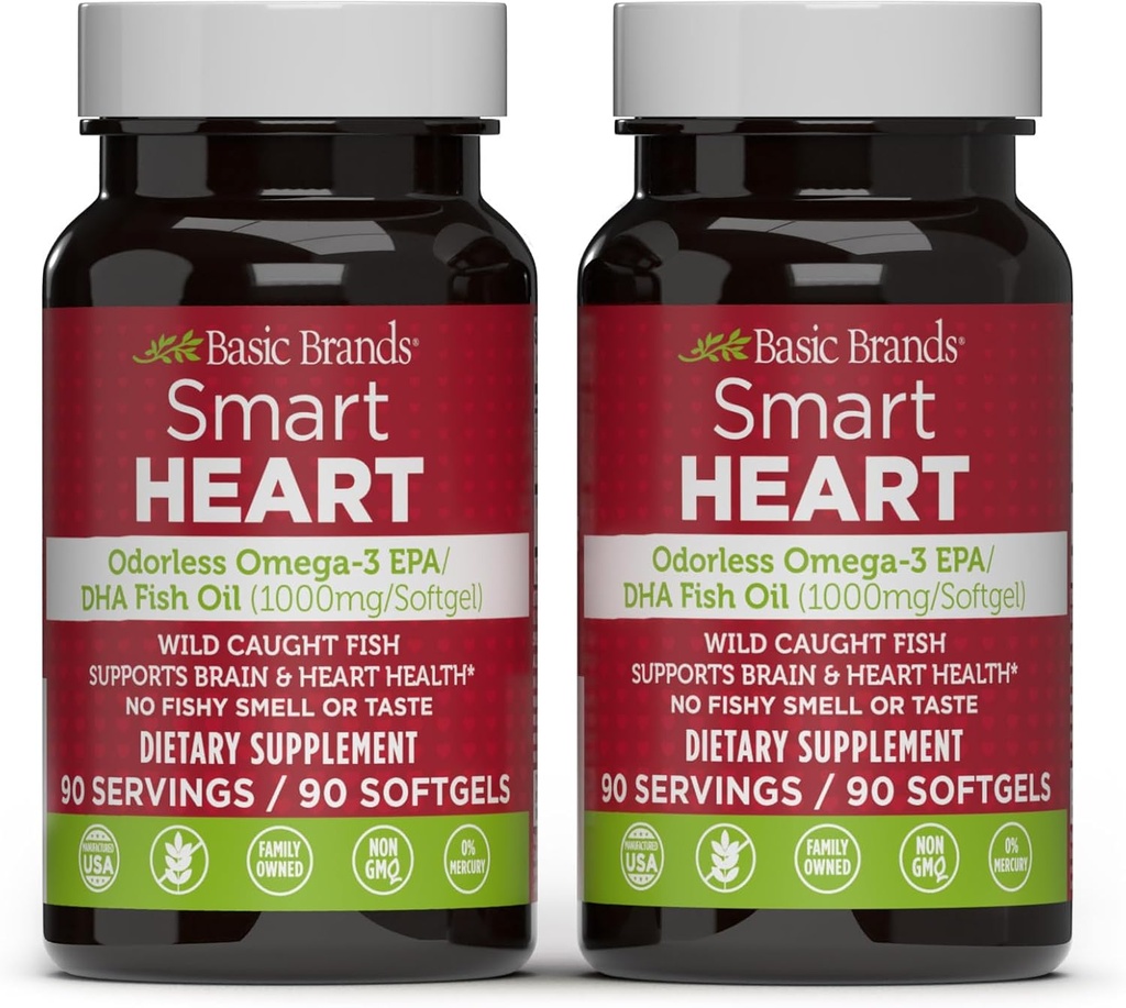 Basic Brands Smart Heartless Omega-3 鱼油1000mg - 三强EPA & DHA,非GMO,心与认知支持 - 90 Burpless Softgels - 2-Pack
