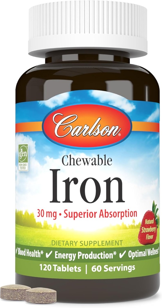 Carlson - Chewable Iron, 30 mg, Superior Абсорбция, Blood Health, Energy Production & Optimal Wellness, Chewable Iron Addition for Women & Men, Natural Ягодов аромат, 120 таблетки