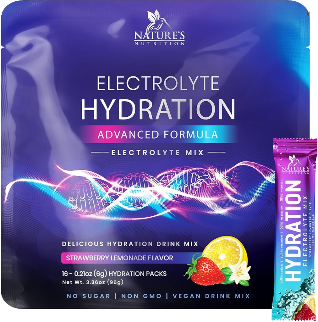 Electrolytes Hydration Packets - Keto Recovery Powder with Potassium, Magnesium, Sodium, Zinc & Vitamin C, Sugar-Free, Hydration Electrolyte Liquid Drink Mixes, Vegan, Strawberry Lemon (16 Pack)