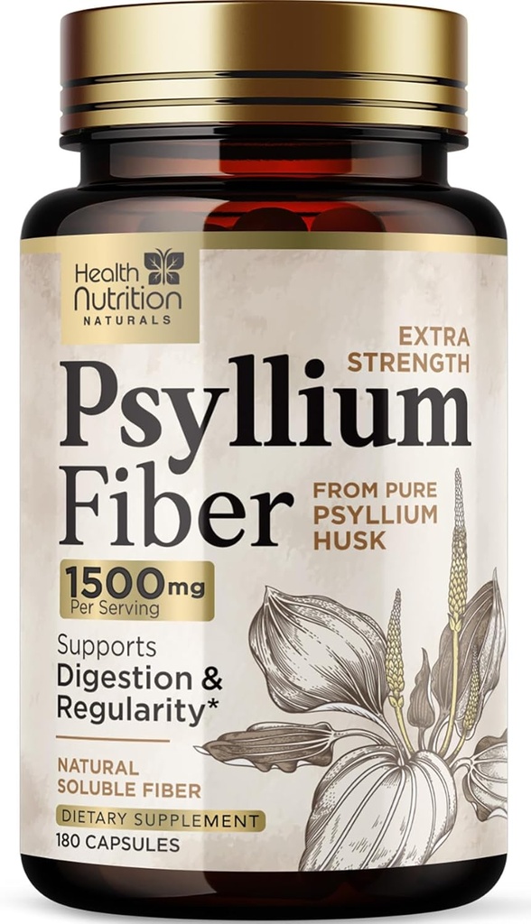 Psyllium Husk kapslid 1500 mg - Natural Fiber Supplement pillid, igapäevane seedimine, Colon Health, & Regularity Support, Taimne Psyllium Husks Pulber kapslid, Vegan, Non-GMO - 180 Veggie kapslid