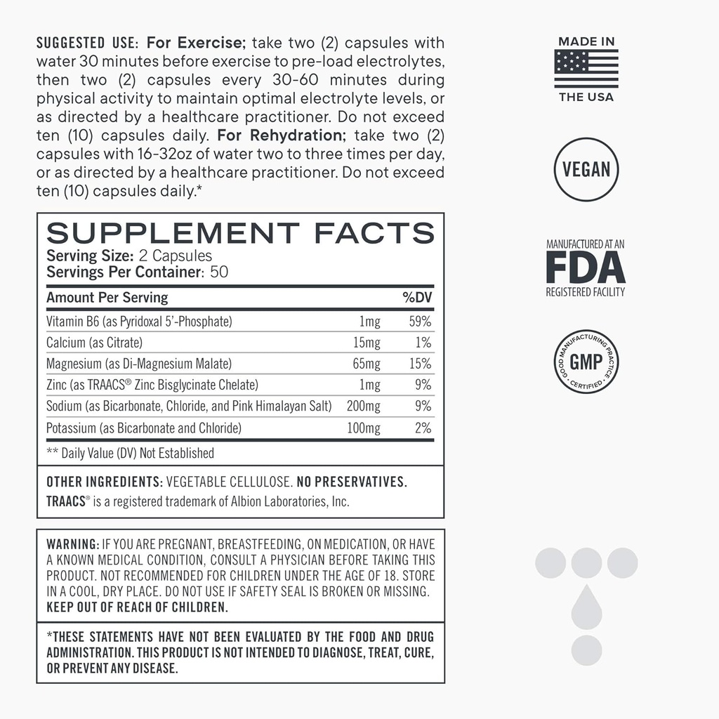 Elektrolytkapseln, Natürliche Ersatz-Rehydrierungssalze mit Magnesium, Zink, Calcium, & Natrium (100ct)