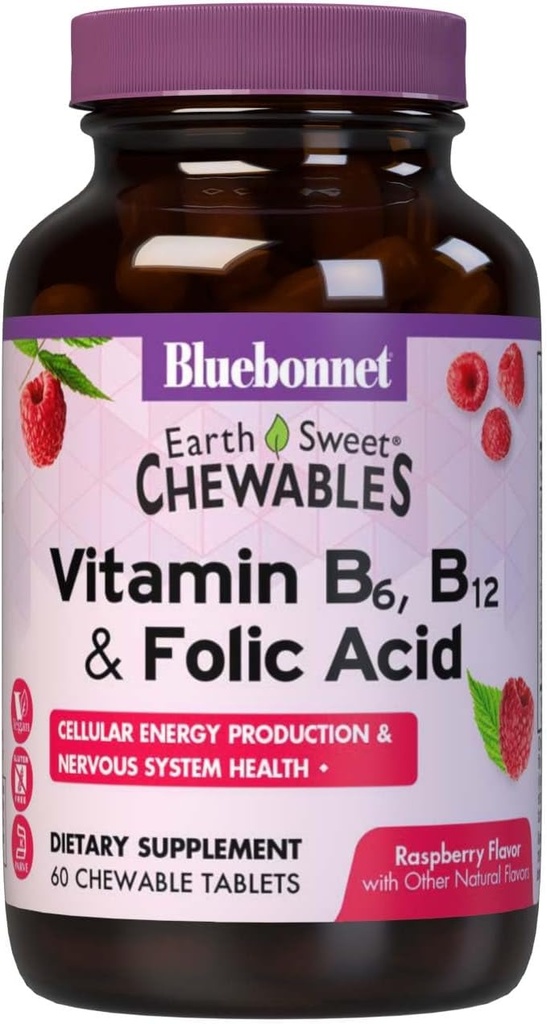 Bluebonnet Nutrición Terra Sweet Vitamin B6, B12, Plus Folic Acid Chewable Tablets, Vegan, Vegetarian, Gluten Free, Soy Free, Milk Free, Kosher, 60 Chewable Tablets, Raspberry Flavor