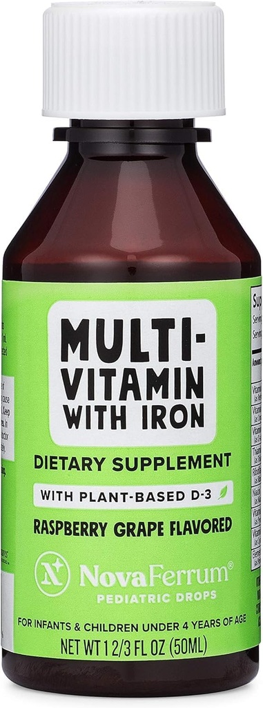 NovaFerrum Delish | Vegan Multivitamin med järn för spädbarn, småbarn och barn | Immun Support | Organisk växtbaserad D-3 | Glutenfri | Vegan Verified | Sugar Free | 1.69 Fl Oz (50 ml)