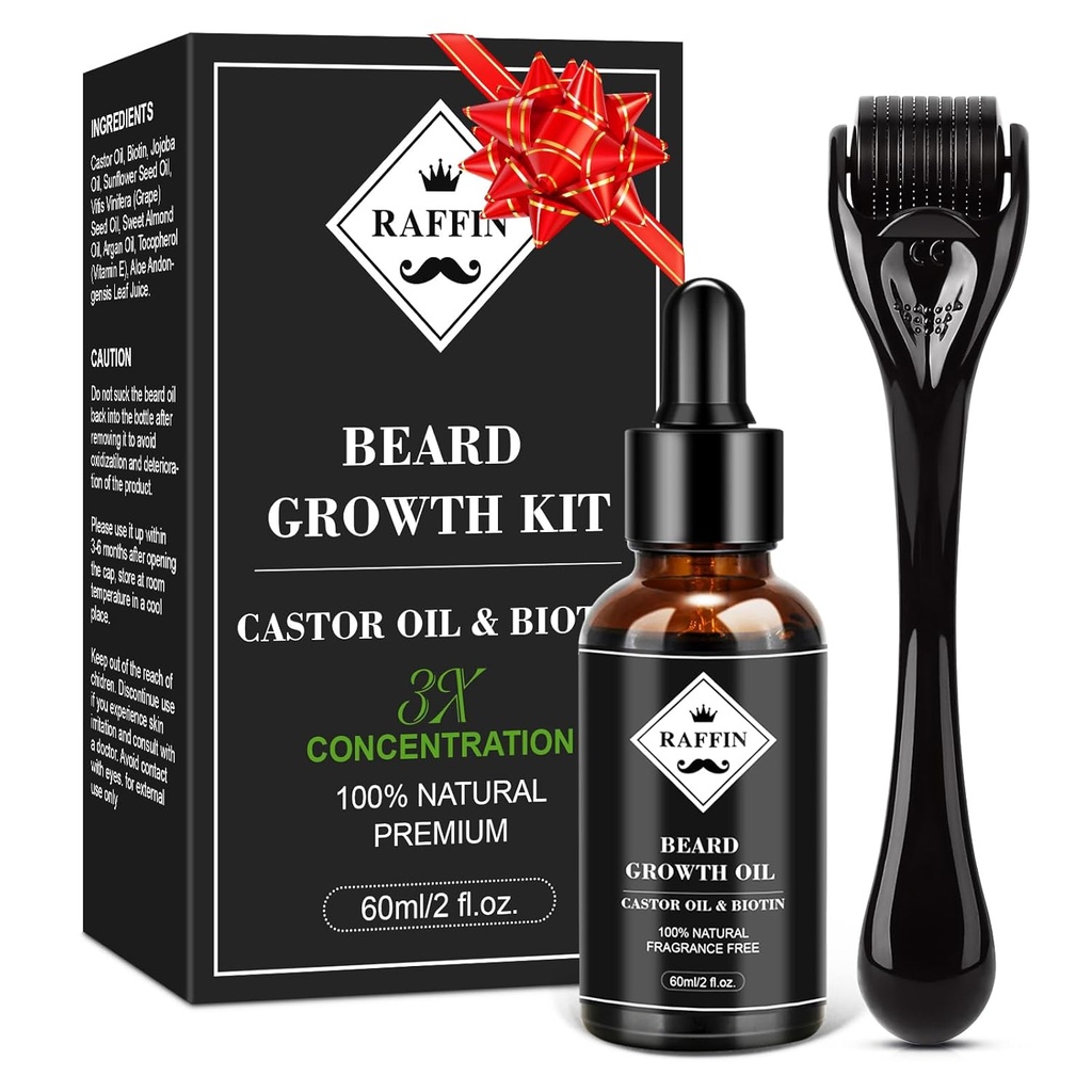RAFFIN Beard Growth Kit, Upgraded Beard Growth Oil (2Oz) w/Maximum Thickening Biotin & Castor Oil for Spot/Patchy Beard, Achieve Fuller, Thicker & Healthier Beards, Gifts for Him Boyfriend Husband Dad