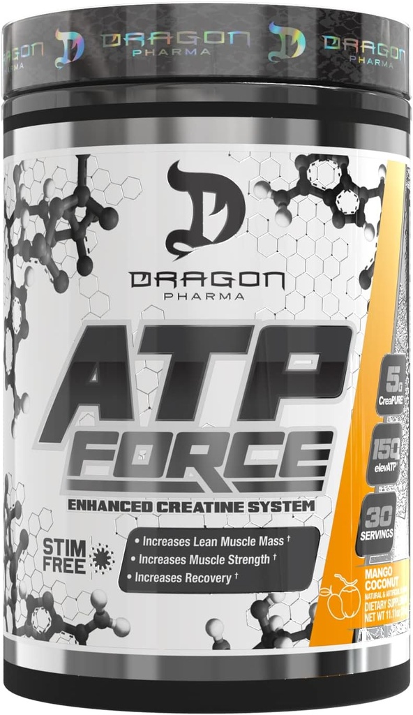 DRAGON PHARMA ATP Força melhorado sistema creatina, Stim-Free, aumentar a massa muscular magra e recuperação, 5 gramas de CreaPure, melhora o fluxo de sangue (30 Servões, manga coco)