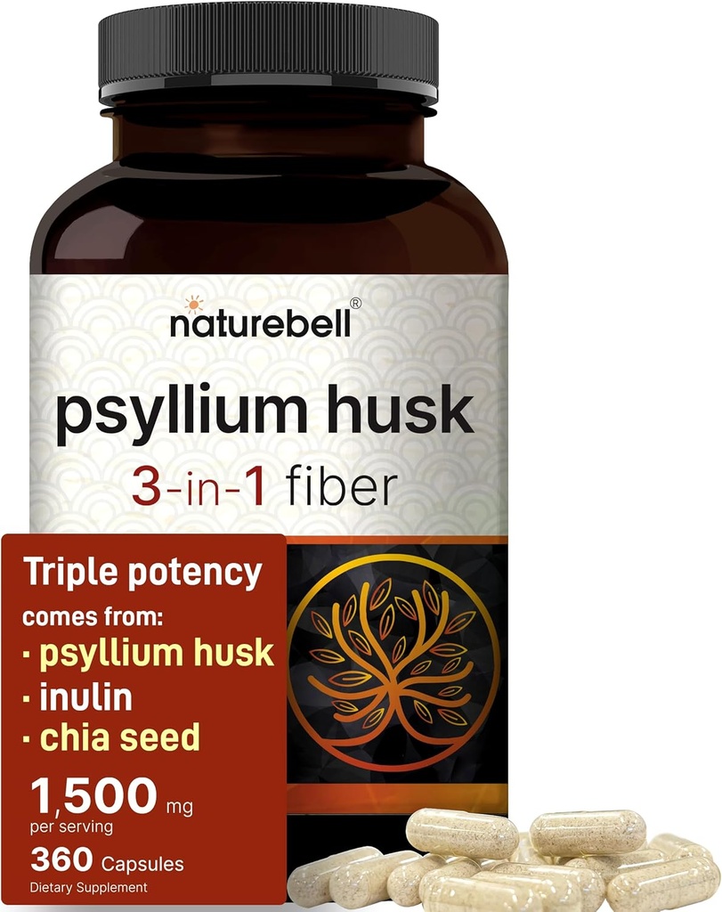 NatureBell Psyllium Husk Fiber Supplement, 1.500mg per portie, 360 Capsules 