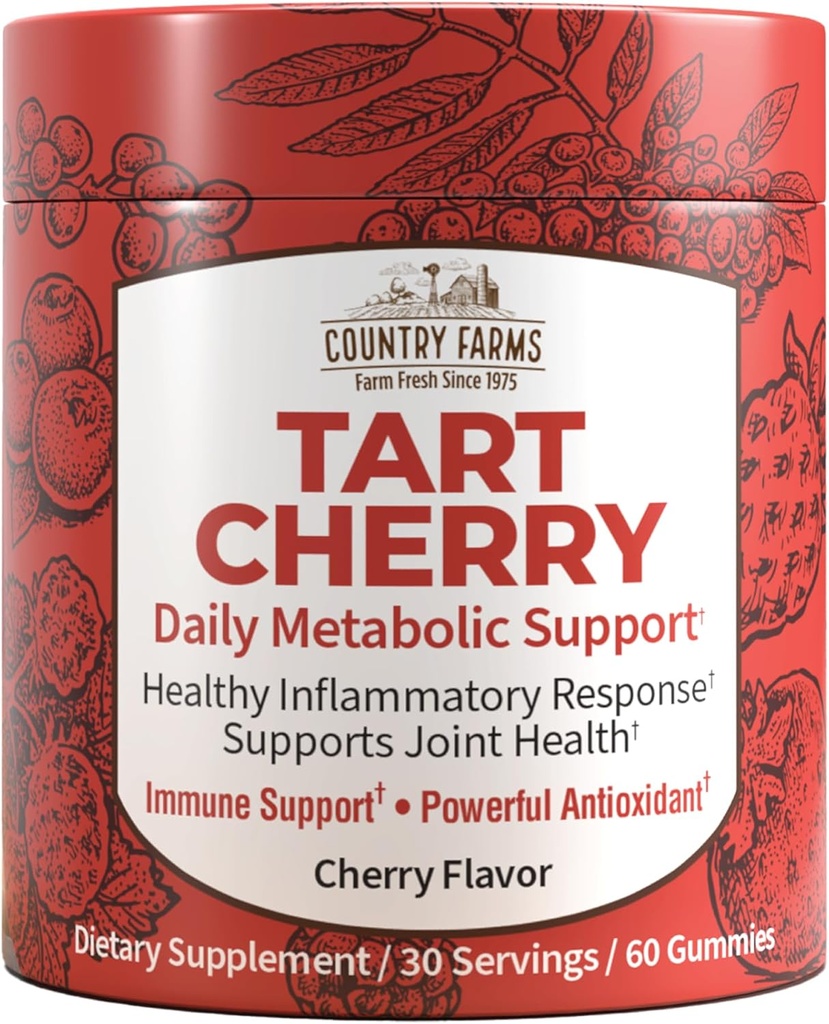 Country Farms Tart Cherry Gummies, Dialy Metabolic Unterstützung, unterstützt Knochengesundheit, verpackt mit potenten Antioxidantien, Kirschen Geschmack, 60 Gummis